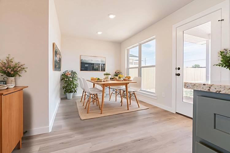 Furnished dining room in the Florence, one of Betenbough Homes' affordable houses for sale.