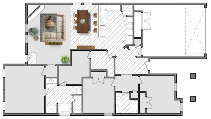 Rendering of a 1900 sq ft Betenbough home with a sectional arranged in the living room.