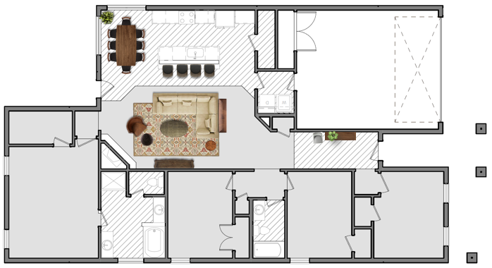 Rendering of a 1,900 sq ft floor plan with a dining table in the dining room, bar stools at the kitchen island, and a sectional in the living room.