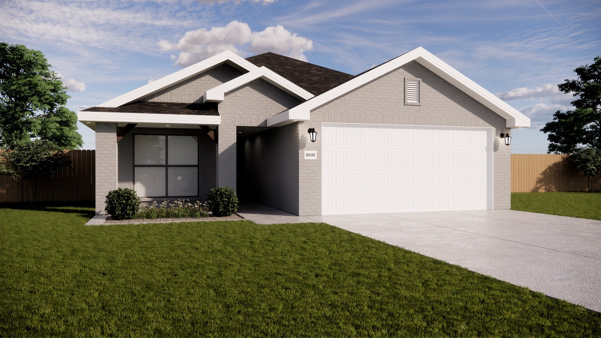 Rendering of new 4 bedroom 2 bath Betenbough Homes floor plan's exterior.