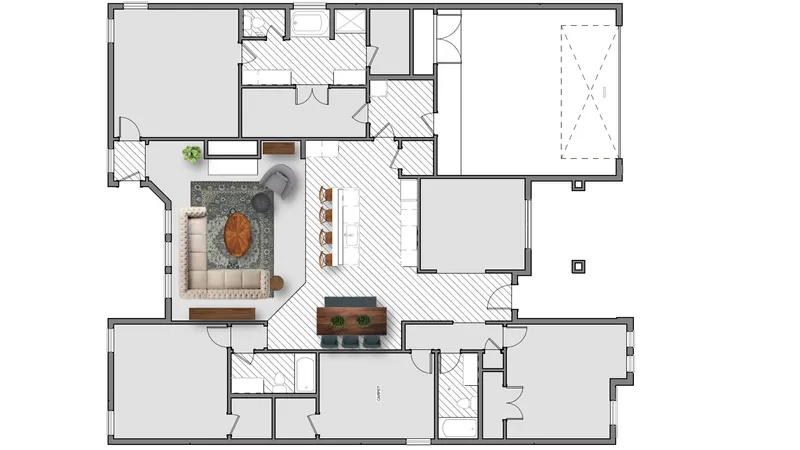 Rendering of a 2,500 sq ft floor plan with a sectional.