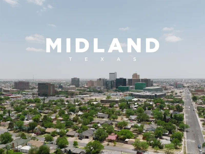 Aerial photo of the Midland skyline with text "Midland, Texas" over the photo.