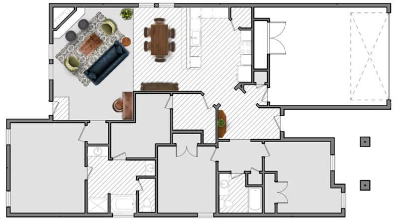 Rendering of a 1900 sq ft Betenbough home with a living room arranged with the couch facing the corner fireplace.