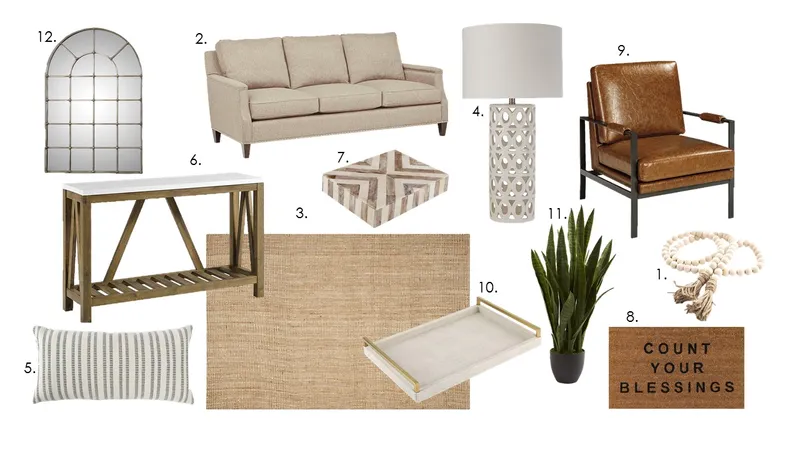 Photo of 10 Amazon finds, numbered: 1. Wood Bead Garland, 2. Sofa, 3. Jute Rug, 4. Lamp, 5. Accent Pillow, 6. Console Table, 7. Decorative Box, 8. Doormat, 9. Arm Chair, 10. Decorative Tray, 11. Faux Snake Plant, 12. Wall Mirror.