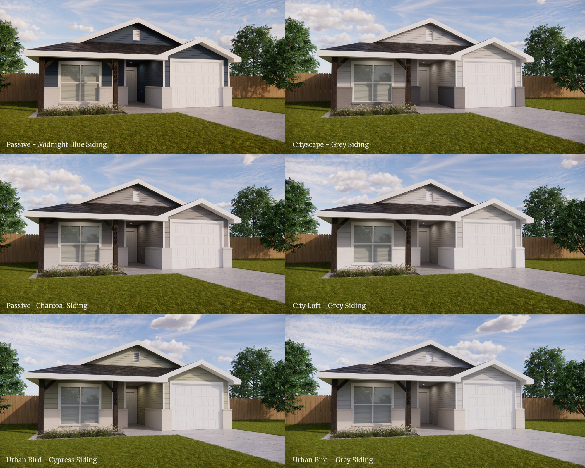 Renderings of different vinyl siding colors for cottages.