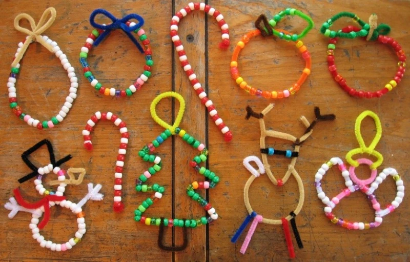 Photo of pipe cleaner and bead Christmas ornaments.