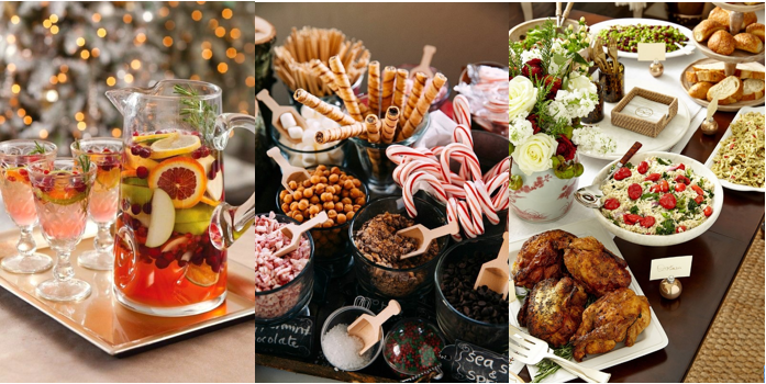 3 photos side-by-side: a tray holding a pitcher of holiday punch and crystal punch glasses, a hot chocolate bar with toppings and add-ons, and a holiday table set with several dishes to be served family-style.