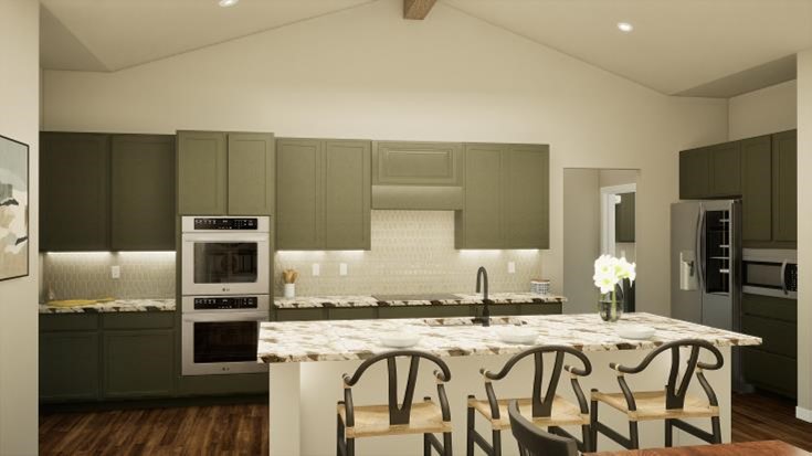 Rendering of a Betenbough Homes kitchen with the Classic Fusion interior design package.