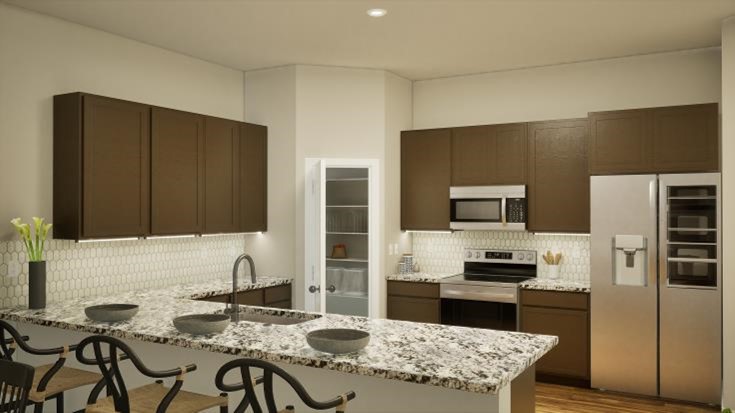 Rendering of a Betenbough Homes kitchen with the Metropolitan Luxe interior design package.