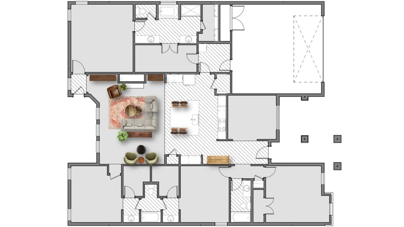 Rendering of a 2,600 sq ft floor plan with a sectional.