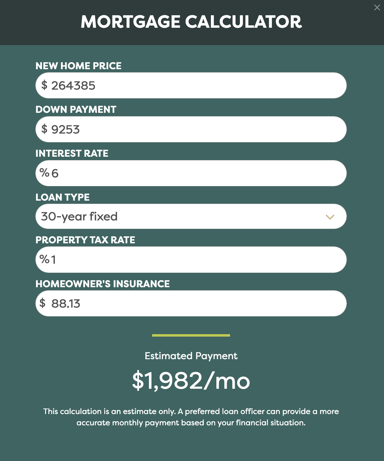Screenshot 2025-04-14 at 11.21.25 AM A screen shot of the Betenbough Homes mortgage calculator that factors the new home price, down payment, interest rate, loan type, property tax rate, and estimated homeowner's insurance to provide an estimated monthly payment.