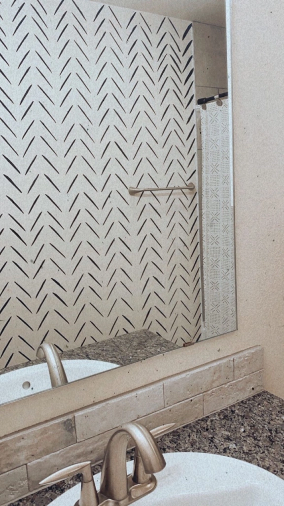 Photo of a DIY home project: a stenciled wall in the bathroom of a Betenbough home.